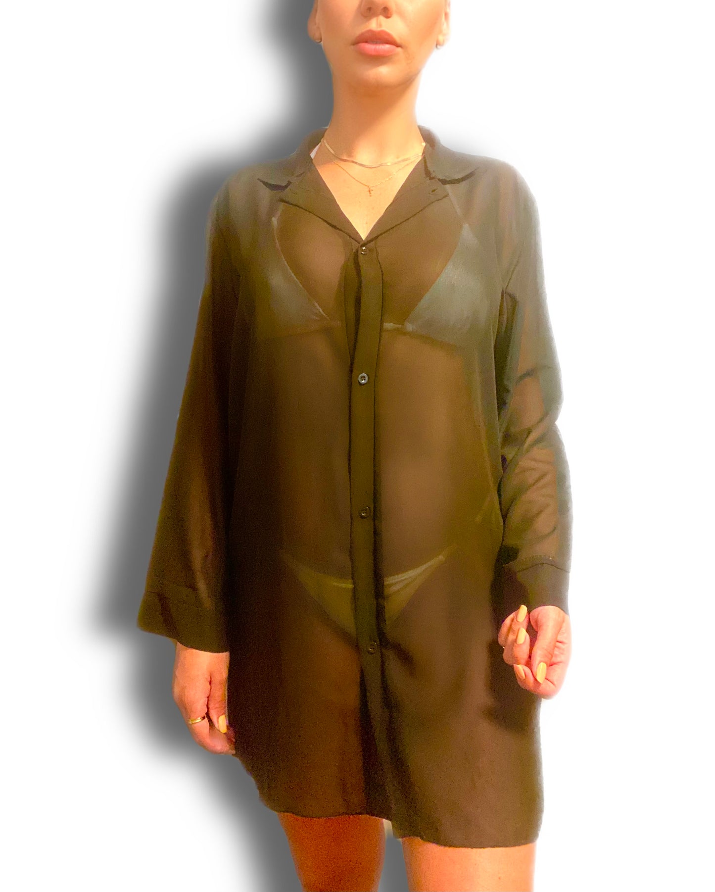 sheer long sleeve button up - Black