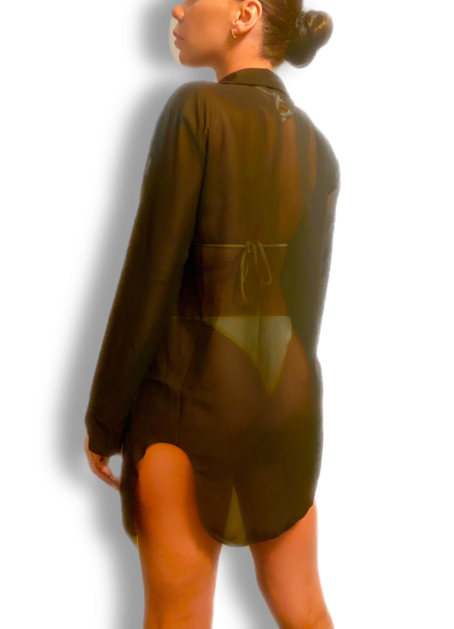 sheer long sleeve button up - Black