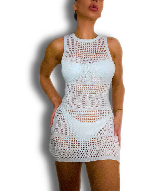 high round neck crochet dress - White